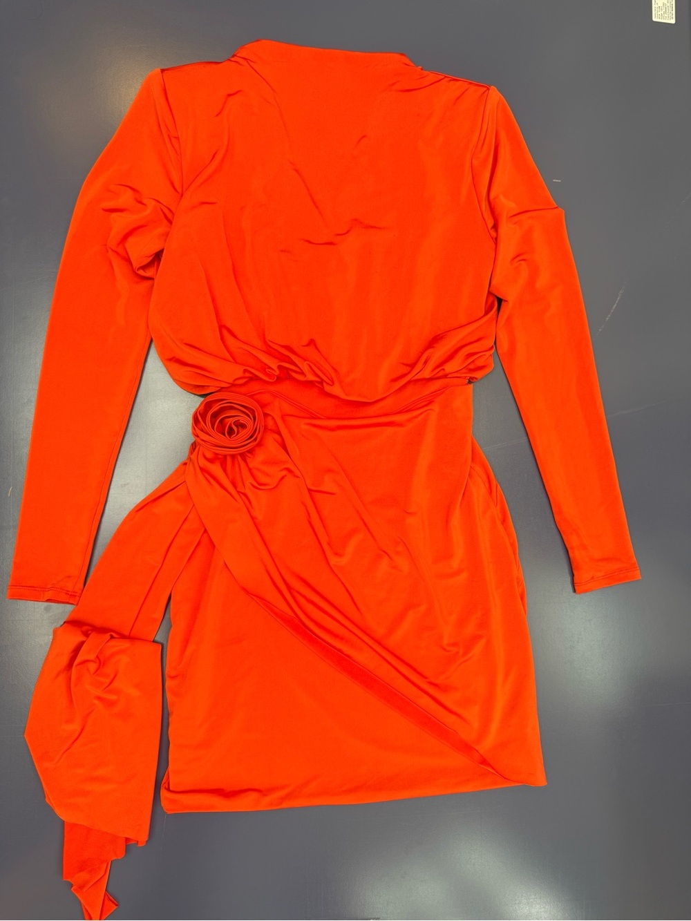 Aqua Vibrant Orange Long-Sleeve Wrap Dress with Rosette Detail